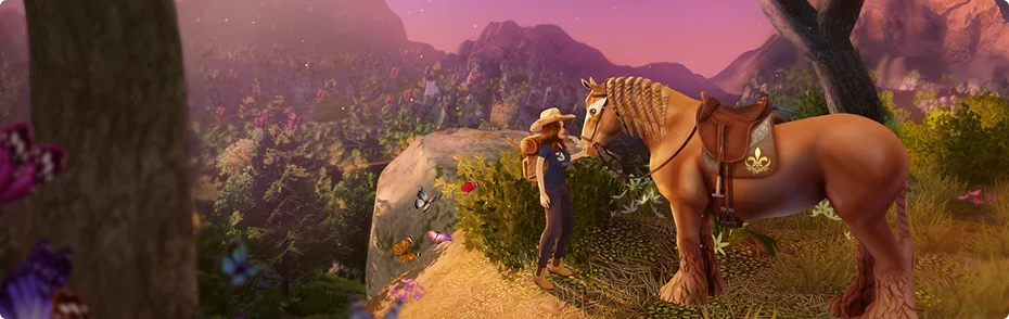 Une femme coiffée d'un chapeau de cow-boy se tient près d'un cheval sellé au sommet d'une colline au coucher du soleil, entourée de papillons colorés et d'un paysage luxuriant, dans une atmosphère empreinte de sérénité