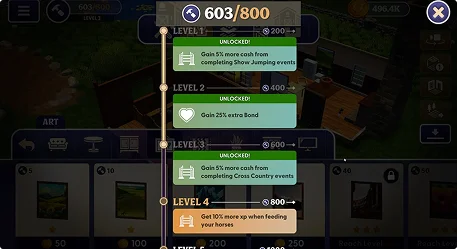 Barre de progression à 603/800 dans l'interface du jeu, indiquant les récompenses débloquées aux niveaux 1 à 3, ainsi qu'un succès de niveau 4 : 10 % d'XP en plus en nourrissant les chevaux