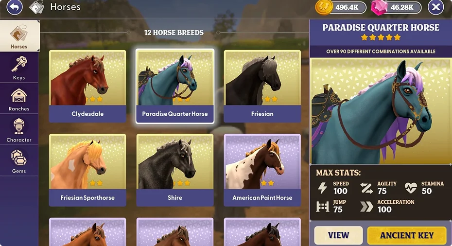 Interface de jeu présentant 12 races de chevaux, dont un « Paradise Quarter Horse » mis en avant avec des statistiques détaillées. Un cheval coloré, au style fantastique, avec un corps bleu, une crinière violette et une bride ornée, occupe une place centrale à droite, créant une atmosphère magique et aventureuse