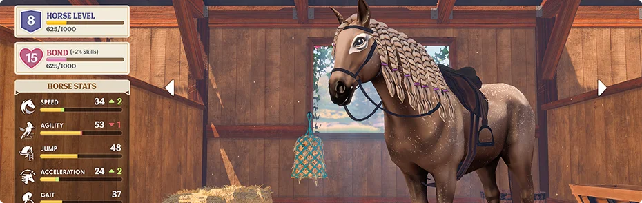 Un cheval brun se tient dans une étable en bois chaleureuse, entouré de bottes de foin. Les statistiques et le niveau du cheval sont affichés. Le texte indique : « Fais monter ton cheval de niveau