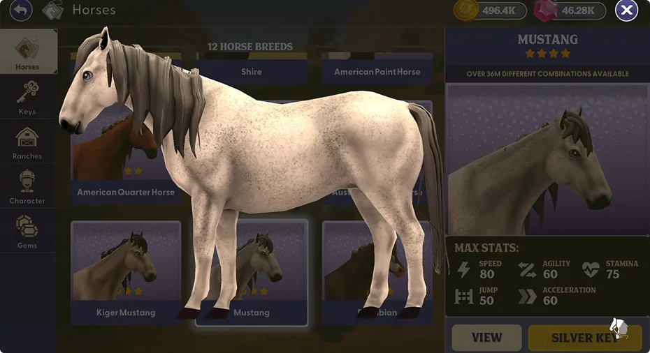 Une image numérique d'un cheval Mustang gris clair à la crinière foncée, présentée sur un écran de sélection. Les caractéristiques du cheval, telles que sa vitesse et son endurance, sont affichées