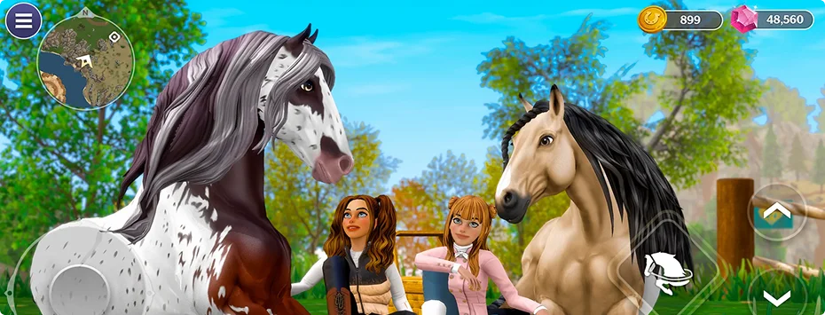 Deux fillettes animées sont assises sur une couverture de pique-nique à côté de deux chevaux dans un pré. La scène dégage une atmosphère joyeuse et détendue sous un ciel d'un bleu éclatant. Le texte indique « Jouer avec ses amis