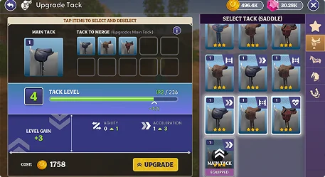 Interface de jeu permettant d'améliorer l'équipement équestre, affichant les statistiques principales de l'équipement et les options de fusion. Barre de niveau mise en évidence, coût affiché à 1 758 pièces, et plusieurs selles au choix