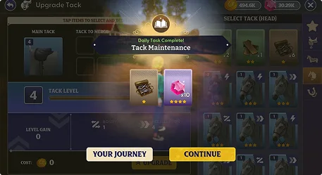 Interface du jeu pour la réalisation de la tâche « Entretien du harnais », présentant les récompenses sous forme d'articles de harnais et de 10 gemmes roses. Les boutons « Votre parcours » et « Continuer » se trouvent en bas. L'ambiance est festive